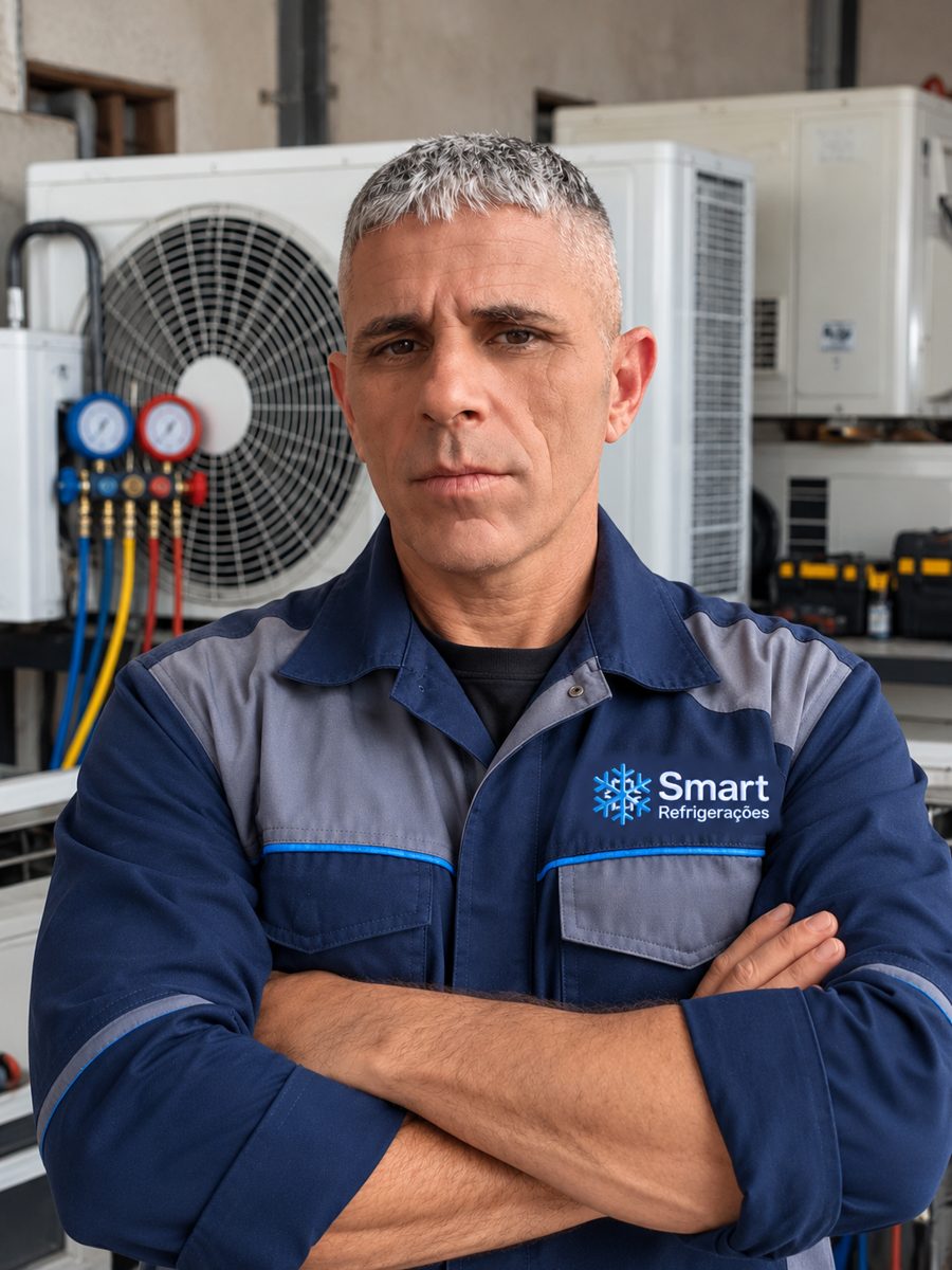 Luis Vitor, técnico responsável da Smart Refrigerações, em uma oficina de refrigeração
